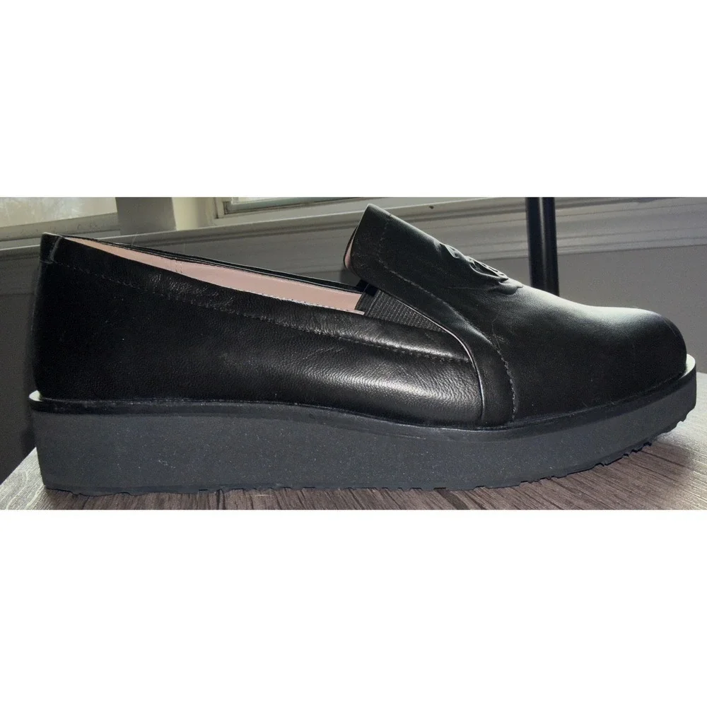 Taryn Rose Black Leather Embossed Rose Platform Loafers Slip On Shoes Womens 9